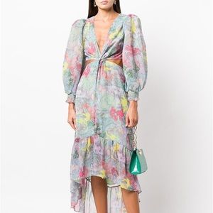 $695 ALICE & OLIVIA “Katia” Abstract Puff Sleeve Cutout Dress